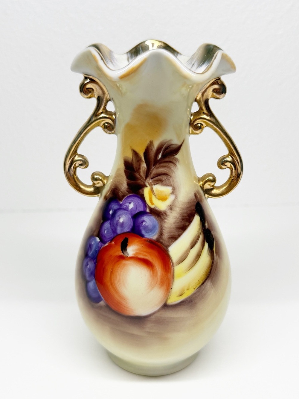 Vintage Enesco Japan Hand Painted Fruit Fluted Mini Urn Vase 6.5”